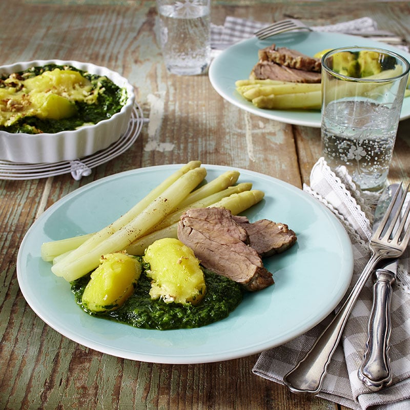 Spinatkartoffeln mit Spargel