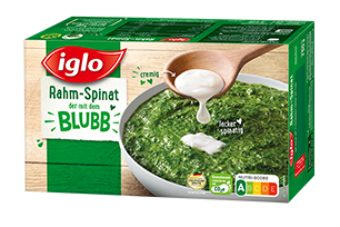 iglo Packshot Rahmspinat auf hellblauem Hintergrund