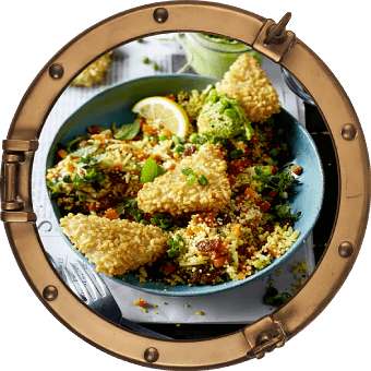 Filegro Crunch’n Fisch mit Erbsen-Avocado-Dip und schnellem Couscoussalat