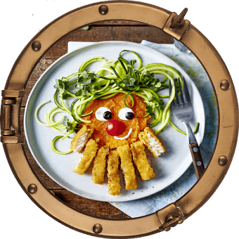 Lustiger Meereskobold mit Fisch-Bart und Zucchini-Haaren