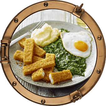Fischstäbchen mit Rahmspinat, Kartoffelbrei und Spiegelei