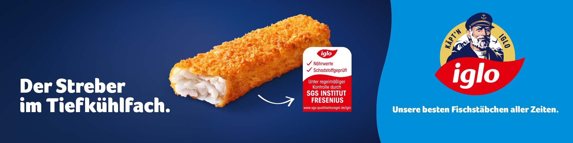 Packshot iglo Fischstäbchen, daneben iglo-Logo auf blauem Hintergrund