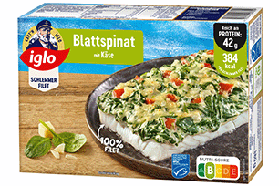 Produktverpackung iglo Schlefi Blattspinatkaese Protein