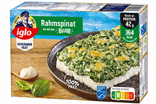 Produktverpackung iglo Schlefi Rahmspinat Protein