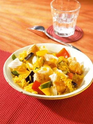 Paella mit Geflügel mit Gratin Ratatouille Art