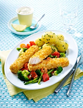 Riesenfischstäbchen mit Gemüsepfanne