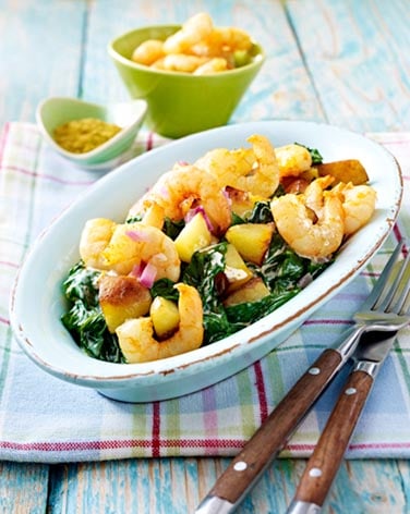 Spinatpfanne mit Garnelen